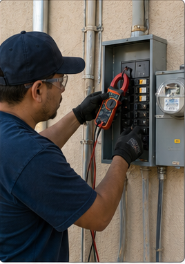 Electrician testing an exterior South LA breaker panel