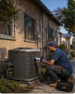 HVAC technician servicing a condenser beside a Los Angeles bungalow
