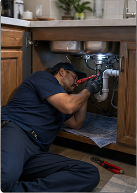Plumber replacing an under-sink shutoff valve in an older apartment