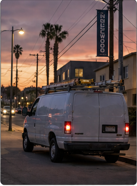 Service van staged at an Inglewood property with shutoff and panel notes